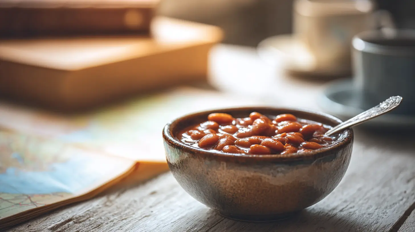 Homemade Baked Beans 1 Rustic ceramic bowl filled with sweet and smoky baked beans without pork, set beside a cup of coffee and travel books in warm light.