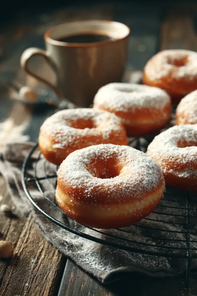 The Ultimate Plain Donut Guide: Make Simple Feel Special Again 3 Close-up of freshly fried plain donuts with powdered sugar next to a warm cup of coffee