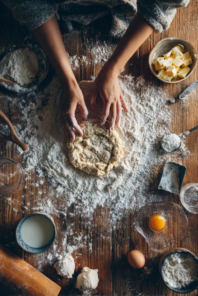 The Ultimate Plain Donut Guide: Make Simple Feel Special Again 2 Hands kneading plain donut dough on a floured wooden surface with baking ingredients around