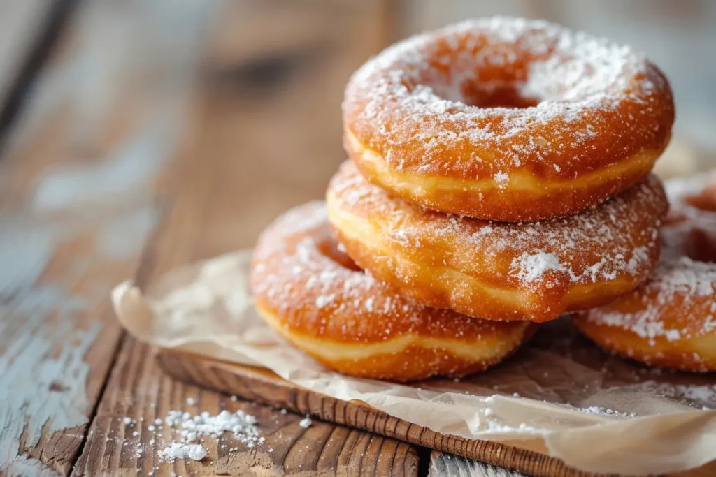 Stack of old fashioned plain donuts dusted with powdered sugar on a rustic wooden board