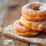 Stack of old fashioned plain donuts dusted with powdered sugar on a rustic wooden board