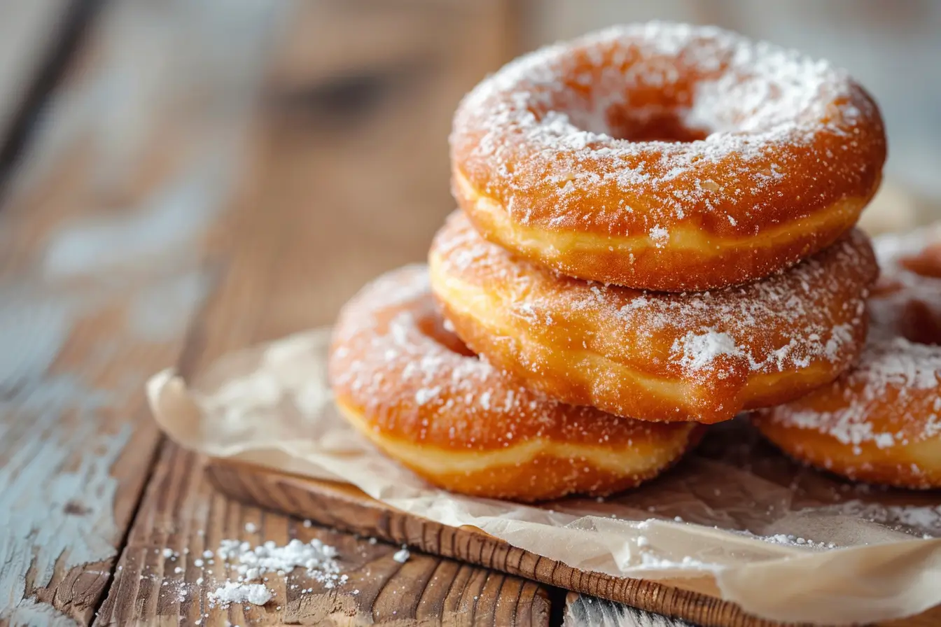 The Ultimate Plain Donut Guide: Make Simple Feel Special Again 1 Stack of old fashioned plain donuts dusted with powdered sugar on a rustic wooden board