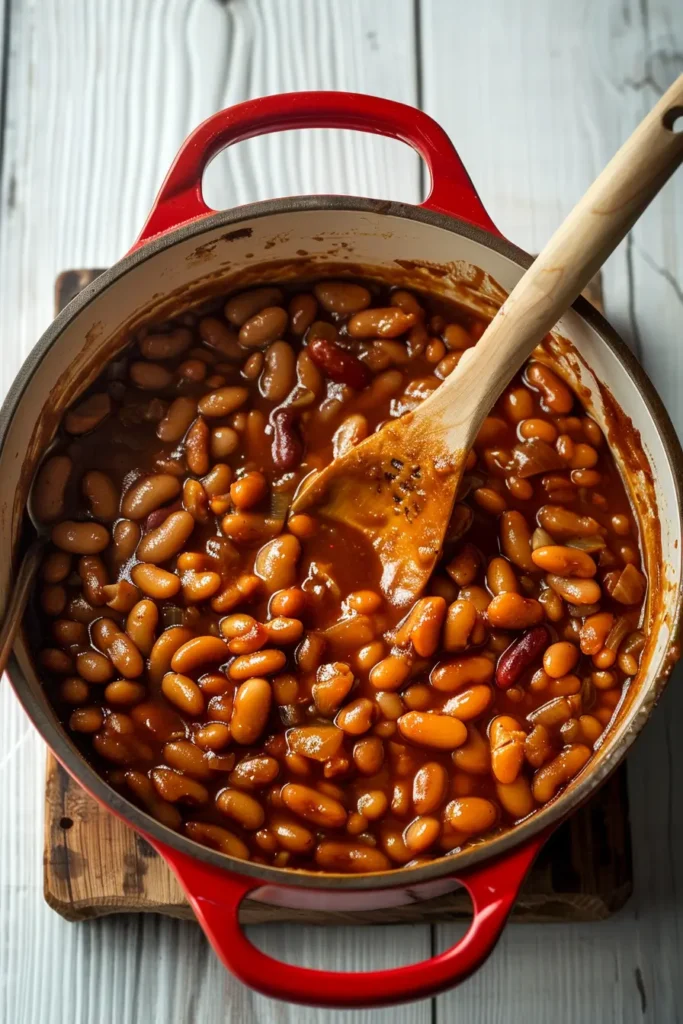Homemade Baked Beans 3 Red pot filled with homemade sweet and smoky baked beans without pork, stirred with a wooden spoon, showcasing a rich vegetarian baked beans recipe.