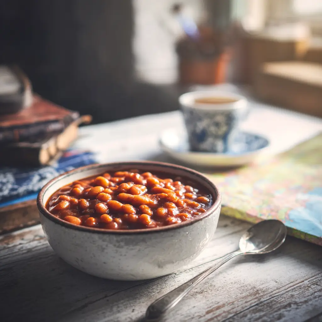 Homemade Baked Beans 4 Rustic ceramic bowl filled with sweet and smoky baked beans without pork, set beside a cup of coffee and travel books in warm light.