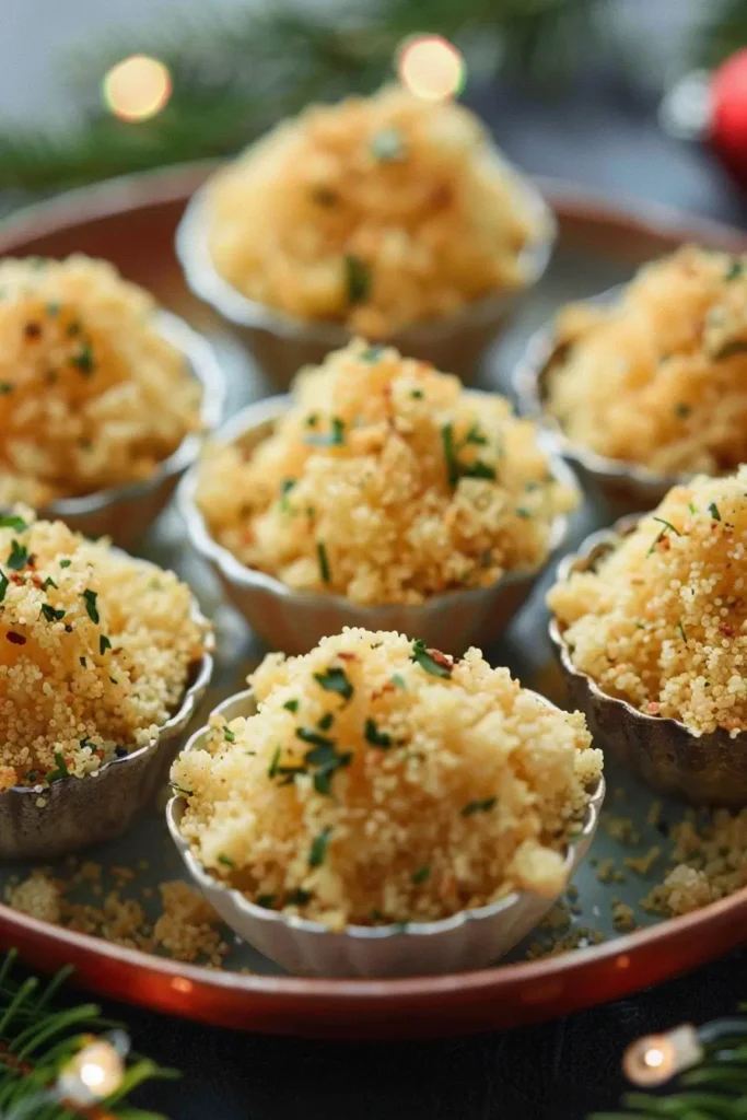 Small holiday couscous appetizer bowls served in silver tins, topped with herbs—an elegant appetizer for Christmas.