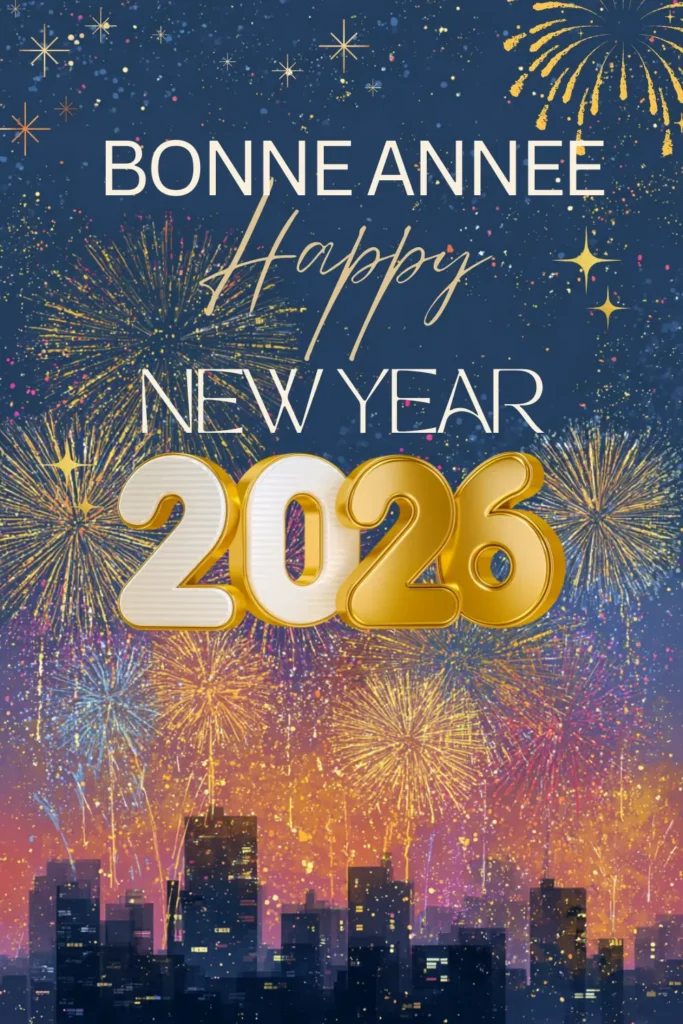 Fireworks over a city skyline with “Bonne Année 2026” and “Happy New Year” written in gold, celebrating old year's eve wishes in true French festive style.