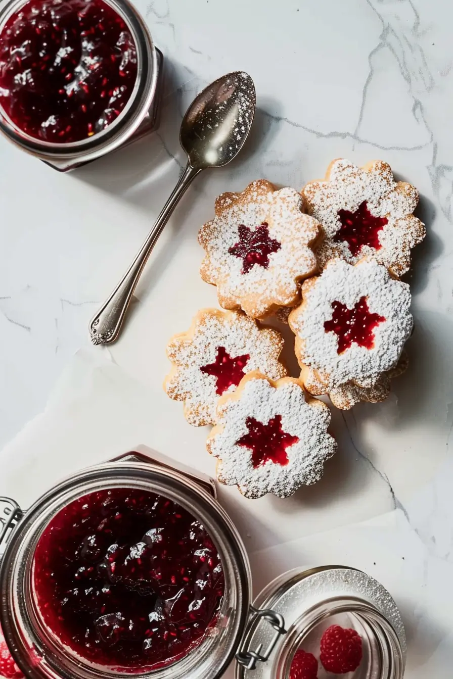 Easy Recipe of Christmas Linzer Cookies with Raspberry Preserves 1 Christmas Linzer Cookies with Raspberry Preserves dusted with powdered sugar beside jars of raspberry jam.
