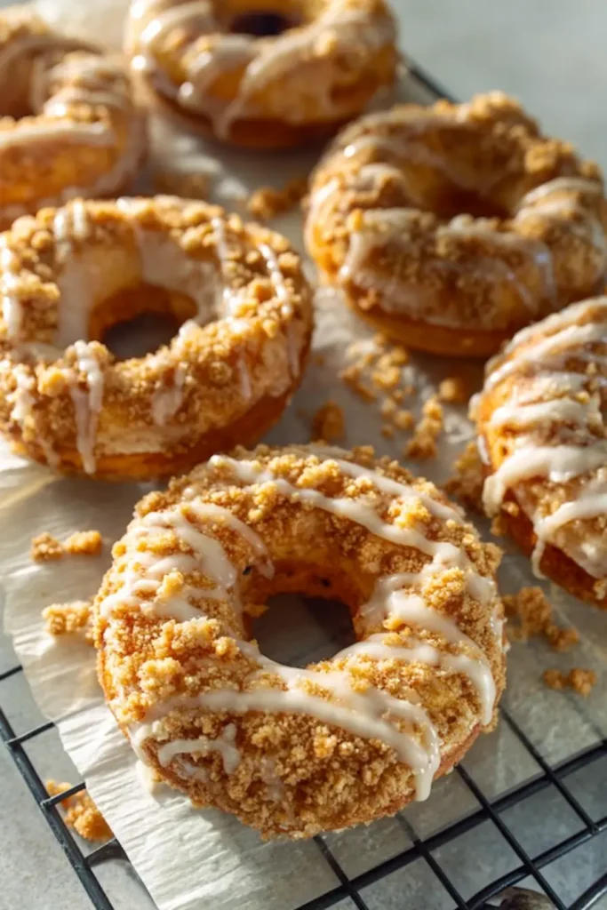 Close-up of freshly baked Crumb Cake Donuts topped with buttery cinnamon crumbs and vanilla glaze on a cooling rack.