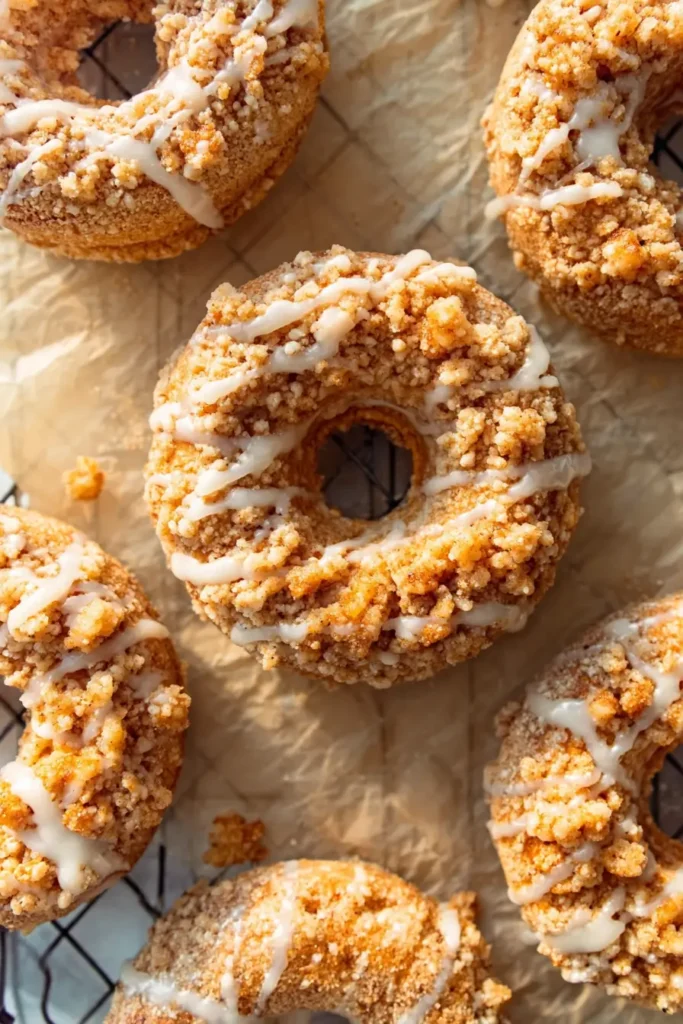 Overhead view of Crumb Cake Donuts covered in cinnamon crumble and vanilla glaze on parchment paper.