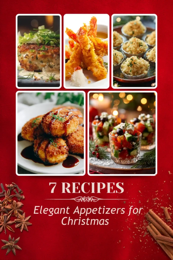 Elegant appetizers for Christmas displayed in a festive red collage featuring korokke, shrimp tempura, crab cakes, couscous bowls, and Greek salad cups.