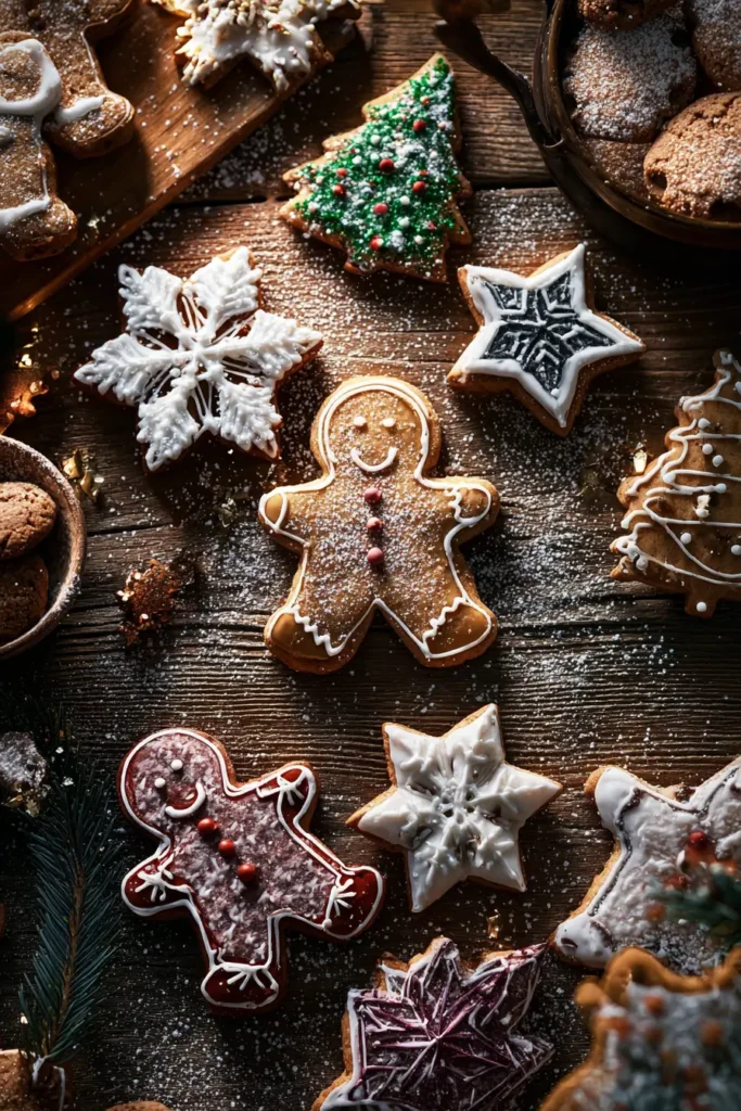 Overhead assortment of Festive Christmas Cookies including gingerbread men, iced snowflakes, stars, and Christmas tree cookies dusted with powdered sugar.