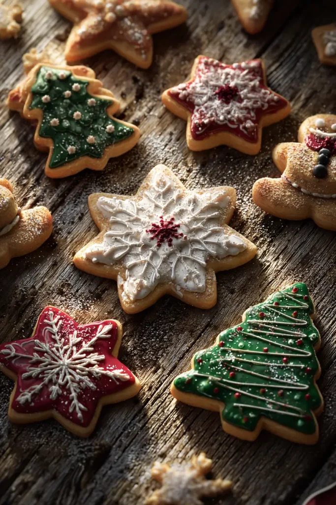 Festive Christmas Cookies decorated as snowflakes, stars, and Christmas trees with colorful icing on a rustic wooden table.