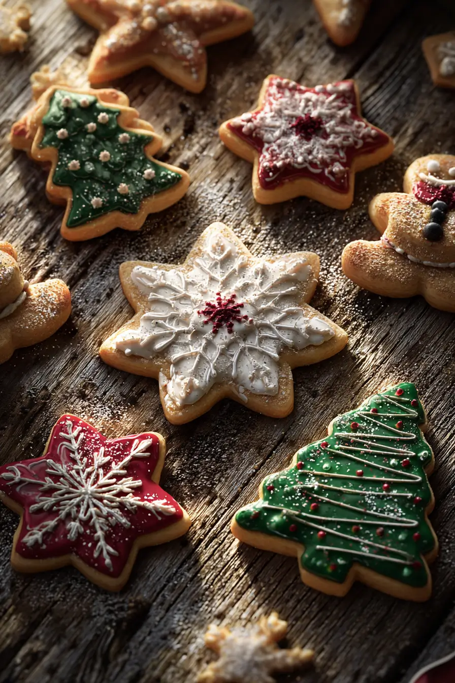 Festive Christmas Cookies decorated as snowflakes, stars, and Christmas trees with colorful icing on a rustic wooden table.