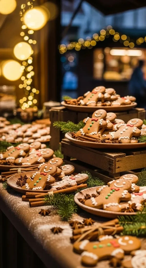 The Ultimate Gingerbread Men Sugar Cookies – A Cozy Holiday Journey 5 Beautiful display of gingerbread men sugar cookies stacked on wooden trays at a festive Christmas market, surrounded by twinkling lights, fir branches, and cinnamon sticks.