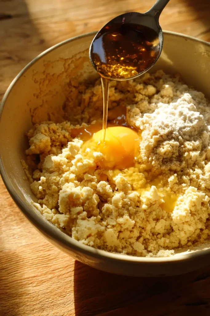 The Ultimate Gingerbread Men Sugar Cookies – A Cozy Holiday Journey 3 Close-up of golden syrup and egg being mixed into gingerbread dough under soft sunlight, rustic wooden table, cozy kitchen atmosphere, golden warm tones.