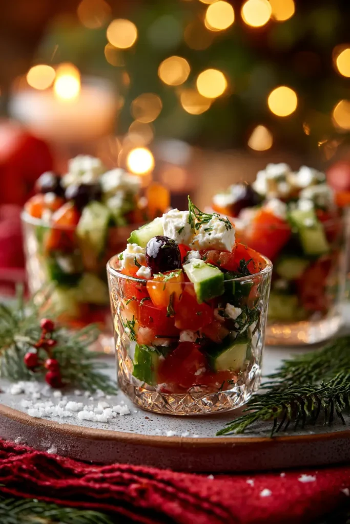 Greek salad appetizer cups with cucumbers, tomatoes, olives, and feta—served in glass cups as elegant appetizers for Christmas.