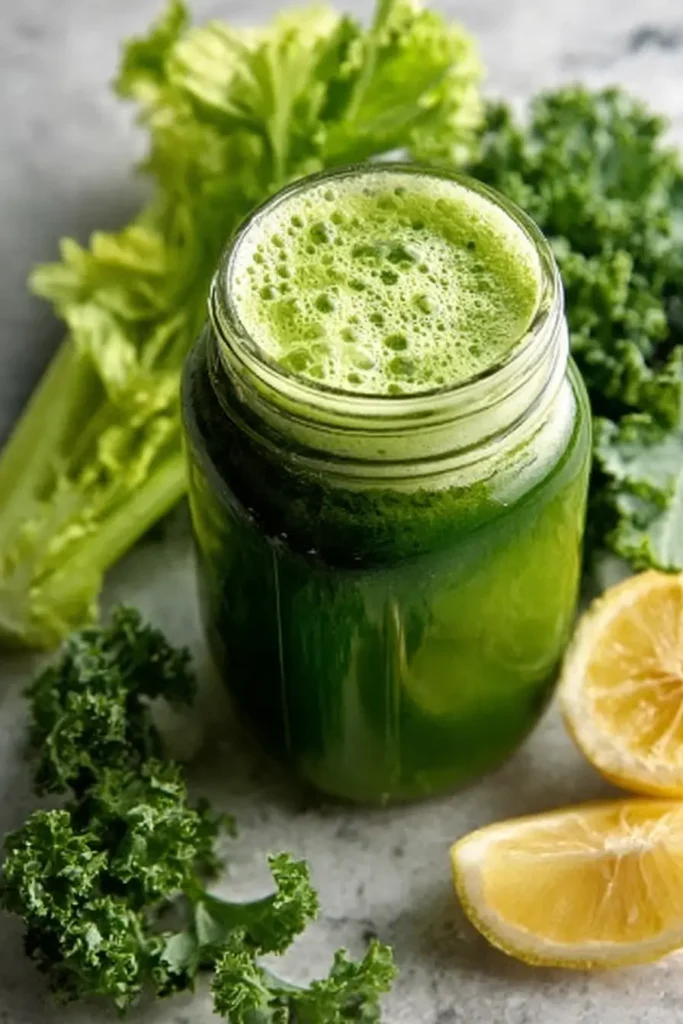 Bright Healthy Green Juice with kale and herbs on a light kitchen surface.