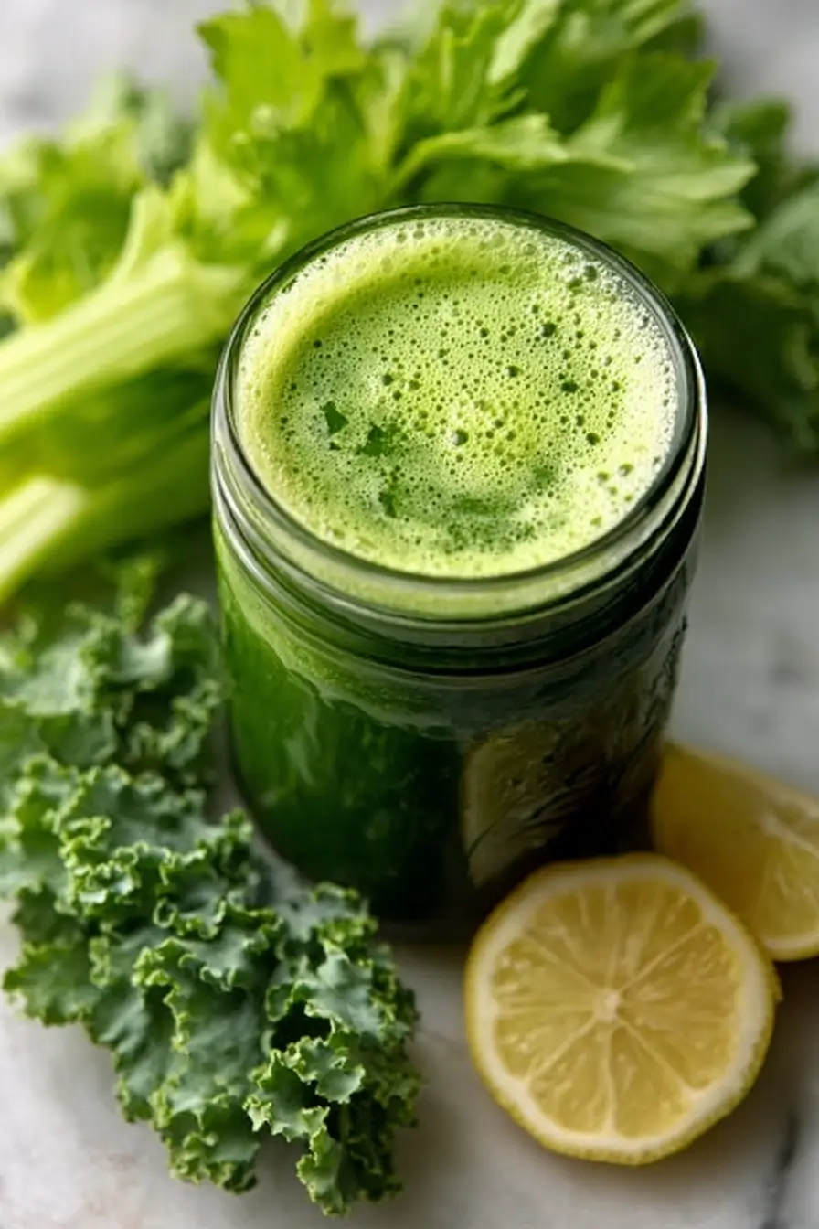 Healthy Green Juice in a glass jar surrounded by fresh kale and herbs.