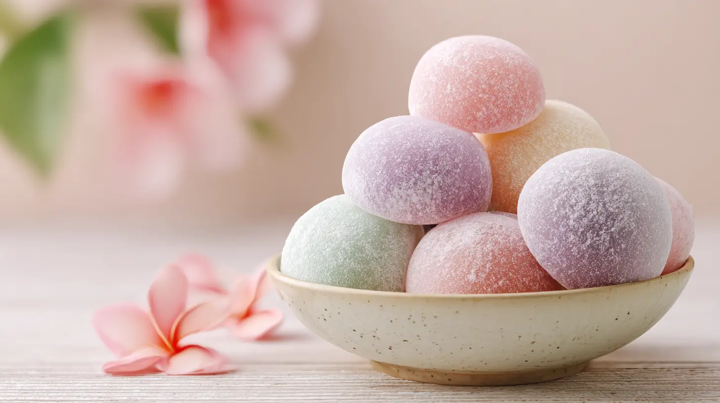A bowl of pastel-colored Japanese mochi dusted with starch, arranged in soft shades of pink, purple, green, and peach.