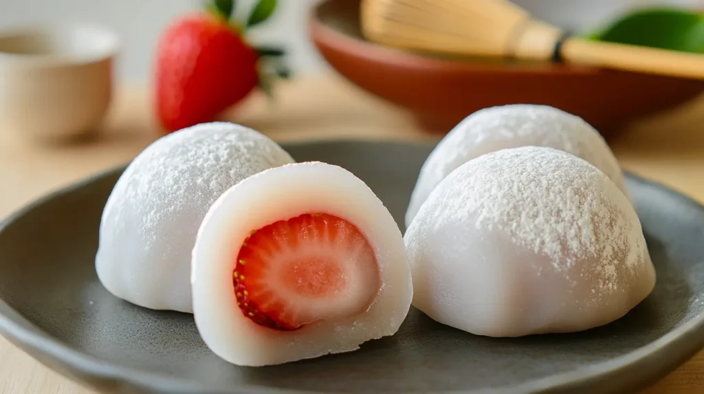 Strawberry mochi on a plate, one cut open showing the fresh strawberry filling.