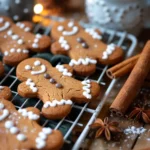 Freshly baked gingerbread men sugar cookies cooling on a wire rack, decorated with white icing and chocolate buttons, with cinnamon sticks, star anise, and a cup of cocoa in a cozy Christmas kitchen setting.