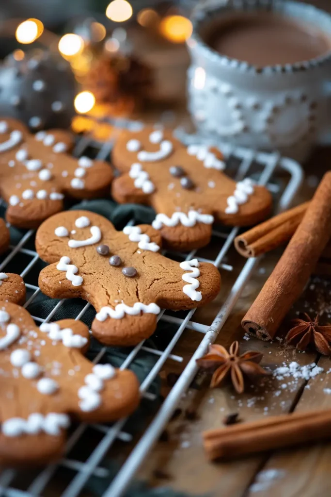 Freshly baked gingerbread men sugar cookies cooling on a wire rack, decorated with white icing and chocolate buttons, with cinnamon sticks, star anise, and a cup of cocoa in a cozy Christmas kitchen setting.
