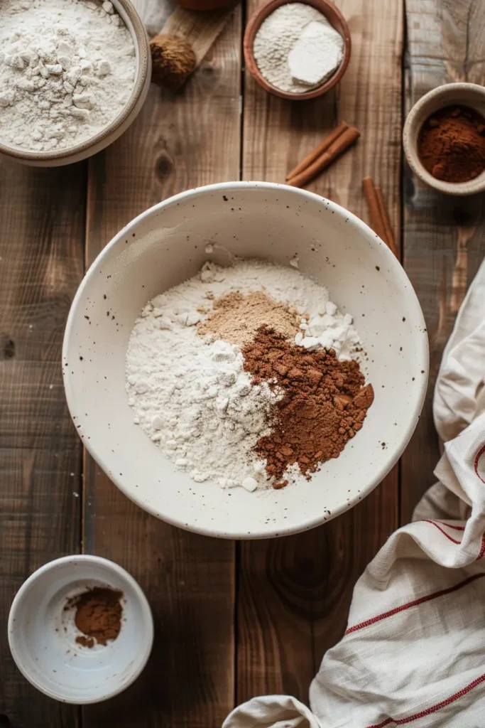 The Ultimate Gingerbread Men Sugar Cookies – A Cozy Holiday Journey 2 Overhead view of whisking flour, ground ginger, cinnamon, and baking soda in a ceramic bowl on a rustic wooden table, surrounded by cozy kitchen props and warm holiday light.