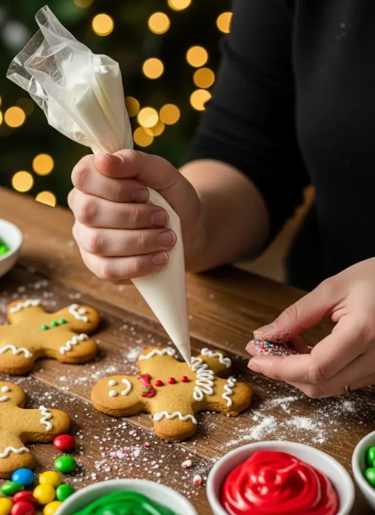 The Ultimate Gingerbread Men Sugar Cookies – A Cozy Holiday Journey 4 Hands decorating gingerbread men sugar cookies with icing and colorful sprinkles, surrounded by bowls of red, green, and white frosting on a wooden table with holiday lights in the background.
