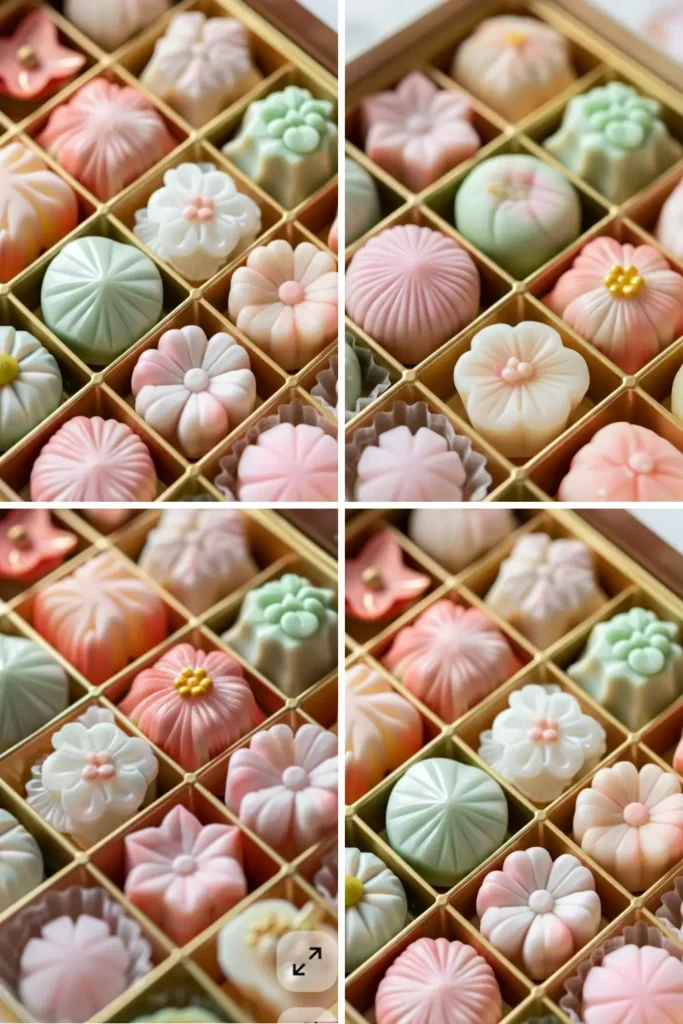 Assorted Japanese wagashi sweets with pastel floral designs in a gift box, showing the variety and craftsmanship used when discussing wagashi vs mochi.