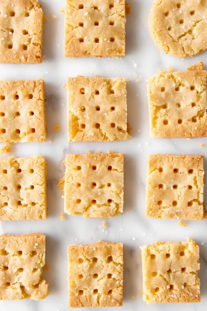 Golden buttery shortbread cookie squares arranged on a marble surface, ideal for promoting traditional Christmas cookies delivered.