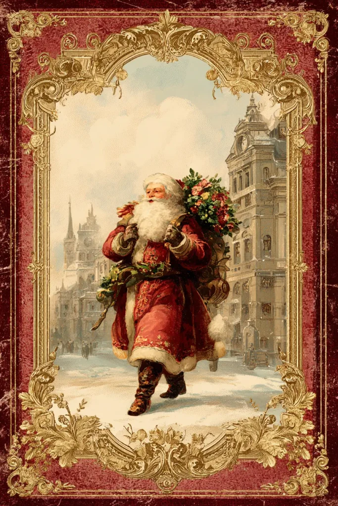 Spanish Christmas Cards: A Complete Guide to Festive and Cultural Holiday Greetings 3 Classic Spanish Christmas Cards vintage illustration of Santa Claus walking through an old European city with gifts and holiday flowers.