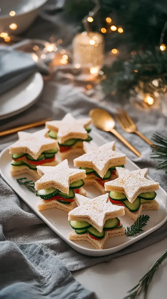 Elegant London-Inspired Cucumber Star Sandwiches Appetizer 5 Portrait image of cucumber star sandwiches layered with cucumbers and red garnishes, arranged on a white platter with holiday décor.