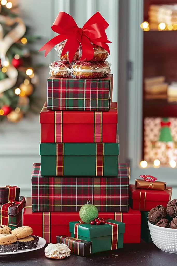 Stacked tartan and red holiday gift boxes with assorted cookies and treats, ideal for Christmas cookies delivered gifting.