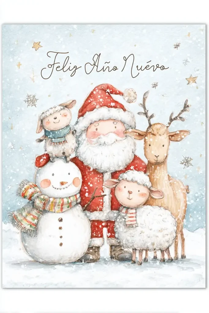 Spanish Christmas Cards illustration with Santa, a snowman, a reindeer, and sheep wishing Feliz Año Nuevo in a soft watercolor winter scene.