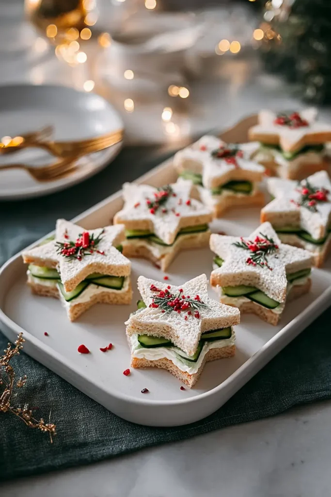 Elegant London-Inspired Cucumber Star Sandwiches Appetizer 4 cute Cucumber star sandwiches with cream cheese and cucumber slices, topped with tiny red berries and herbs on a holiday platter.