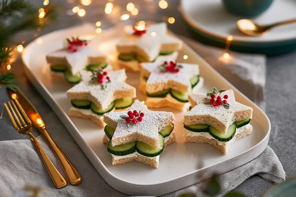 Cucumber star sandwiches layered with cream cheese and thin cucumber slices, decorated with herbs and red accents on a festive platter.