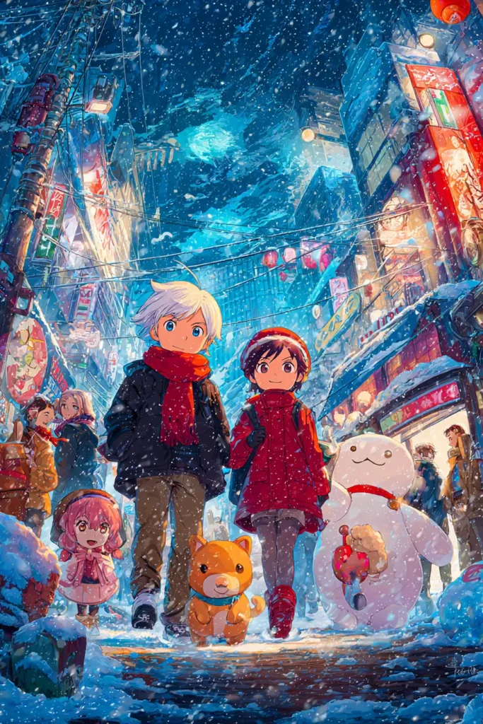 The 11 Best Japanese Christmas Cards to Use This Season 6 Japanese Christmas Card depicting children walking through a snowy anime-style Japanese street filled with lights