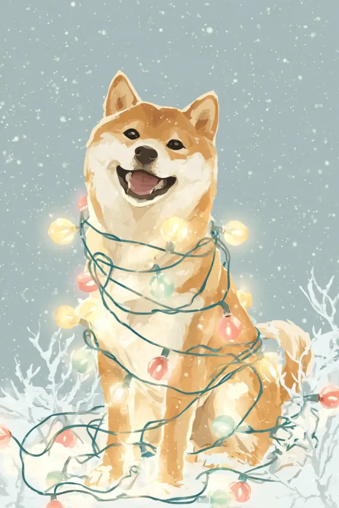 Japanese Christmas Card of a smiling Shiba Inu wrapped in colorful Christmas lights during snowfall
