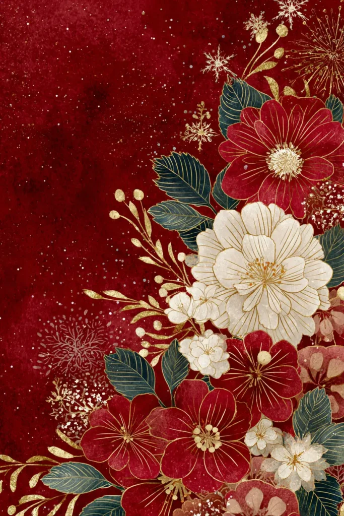 The 11 Best Japanese Christmas Cards to Use This Season 2 Japanese Christmas Card decorated with red and white flowers outlined in gold on a deep red background