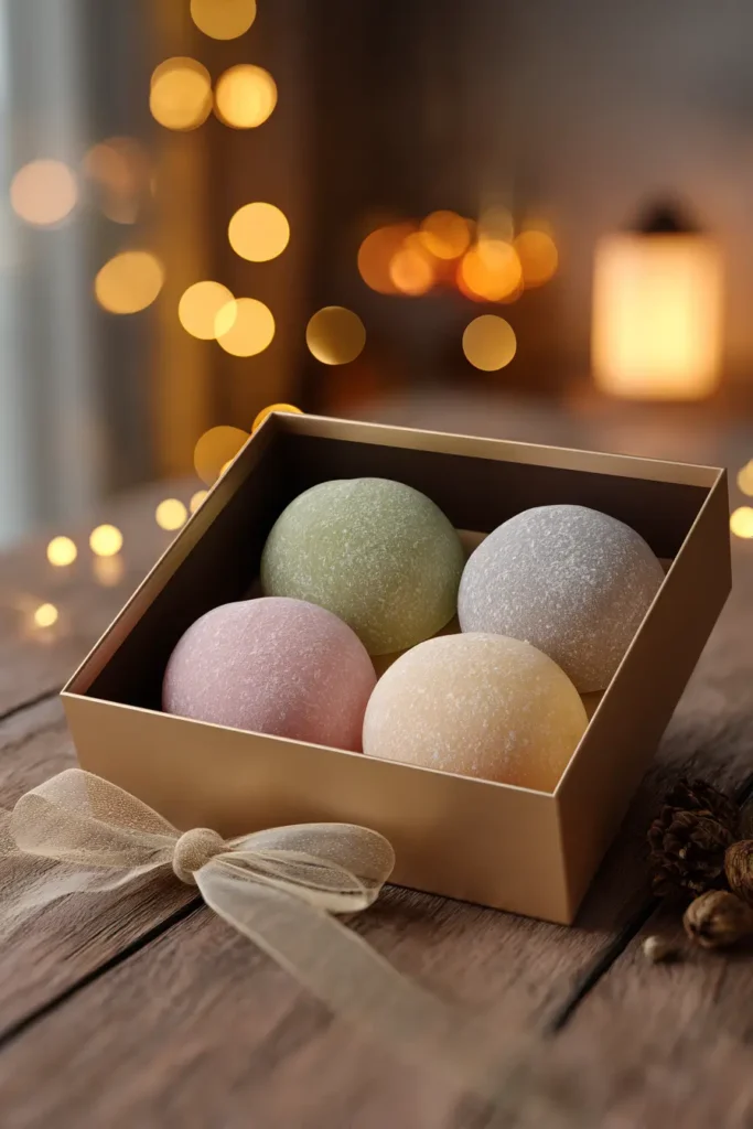 A gold gift box filled with four colorful mochi pieces, positioned as a unique alternative to Christmas cookies delivered.