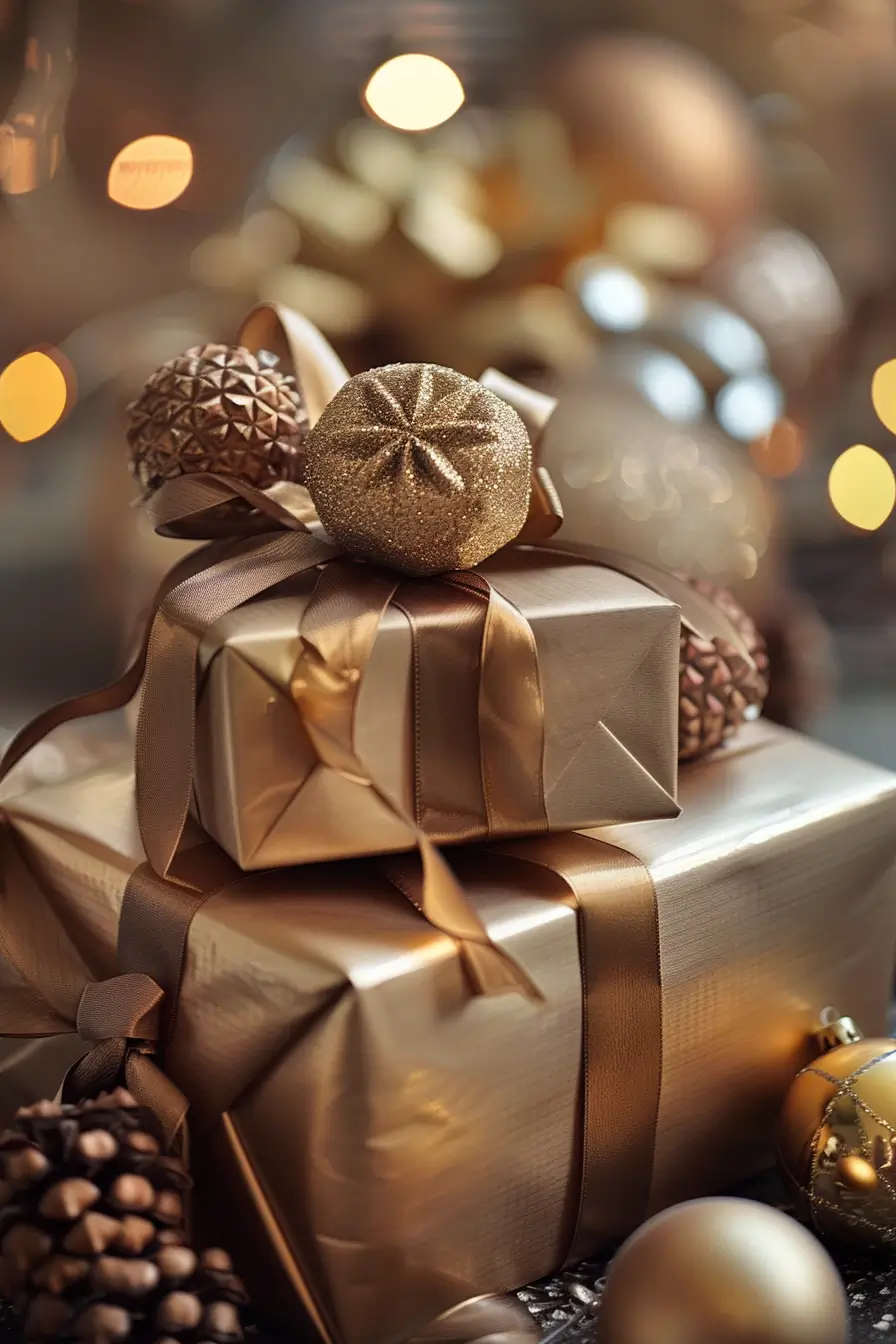 Elegant gold-wrapped holiday gift boxes with ornaments, styled as premium packaging for Christmas cookies delivered.