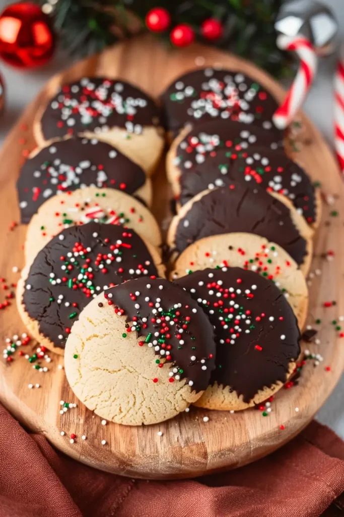 Chocolate-dipped sugar cookies topped with festive red, white, and green sprinkles, representing classic Christmas cookies delivered.