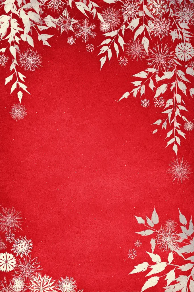 Minimal red Japanese Christmas card background with white winter leaves and snowflakes, ideal for adding greetings such as merry christmas in japanese.