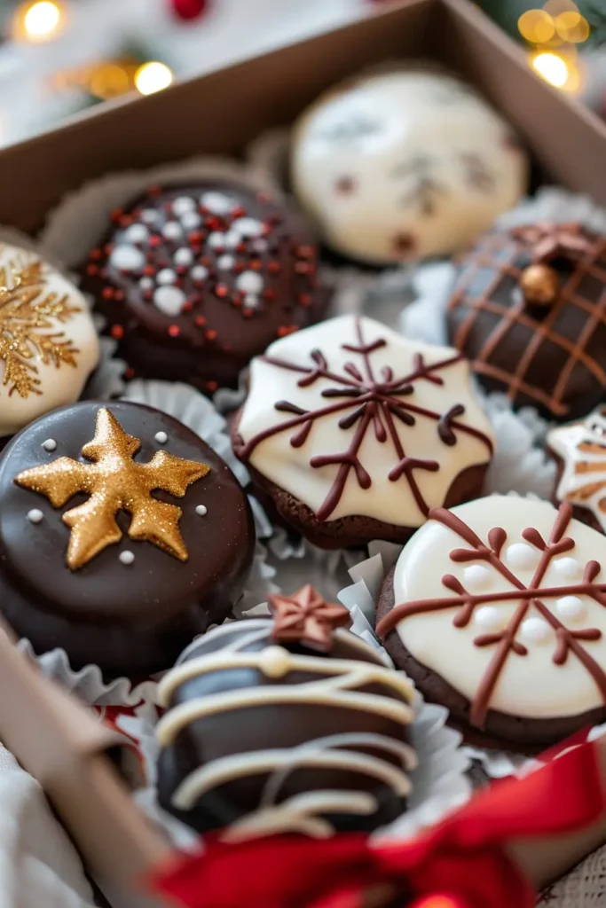 Chocolate-dipped sugar cookies topped with festive red, white, and green sprinkles, representing classic Christmas cookies delivered.