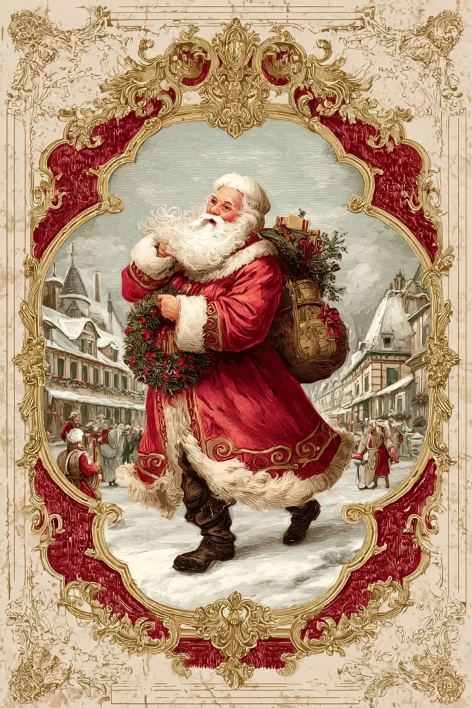 Spanish Christmas Cards: A Complete Guide to Festive and Cultural Holiday Greetings 2 Vintage Spanish Christmas Cards illustration featuring Santa Claus walking through a snowy Spanish street, holding a wreath and a festive sack.